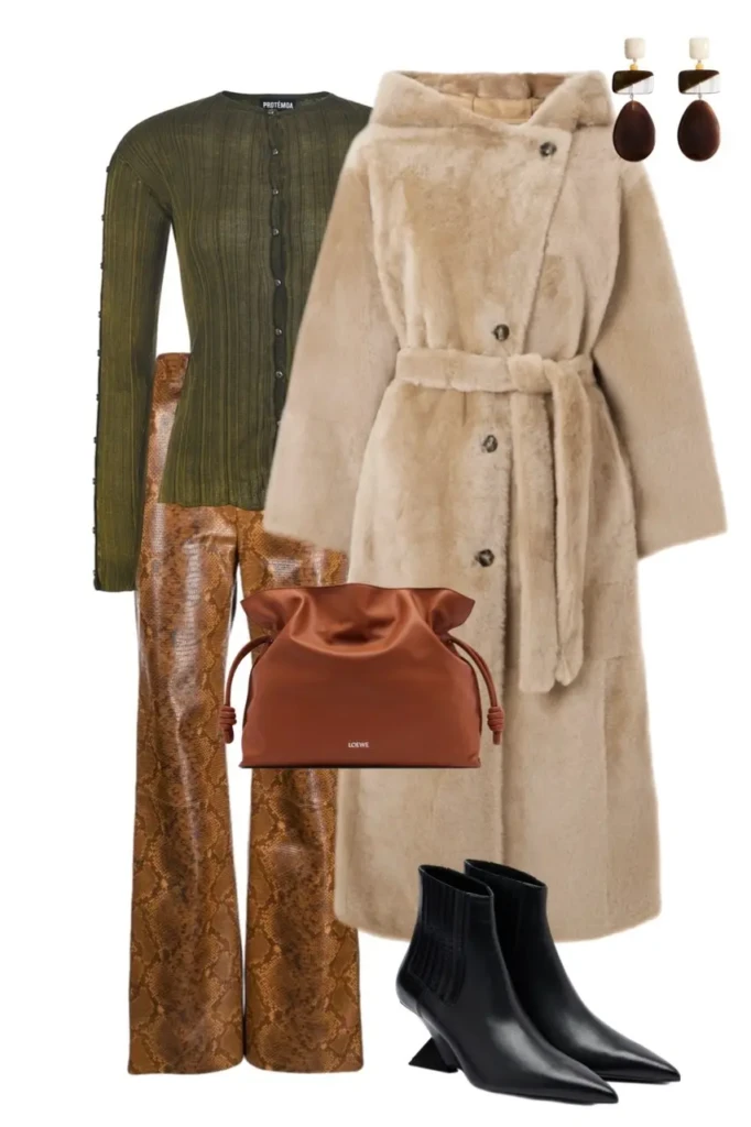 sand beige belted long fur coat olive green ribbed button front cardigan amber snake print leather wide leg flare trousers black ankle boots cognac leather drawstring bag geometric resin drop earrings fur coat outfit aesthetic 15