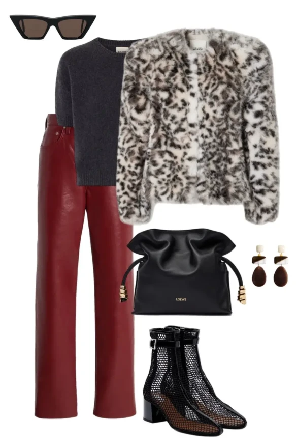 snow leopard print cropped fur jacket charcoal grey crew neck sweater burgundy straight leg leather trousers black mesh block heel ankle boots black drawstring bag geometric resin earrings cat eye sunglasses fur coat outfit aesthetic 16