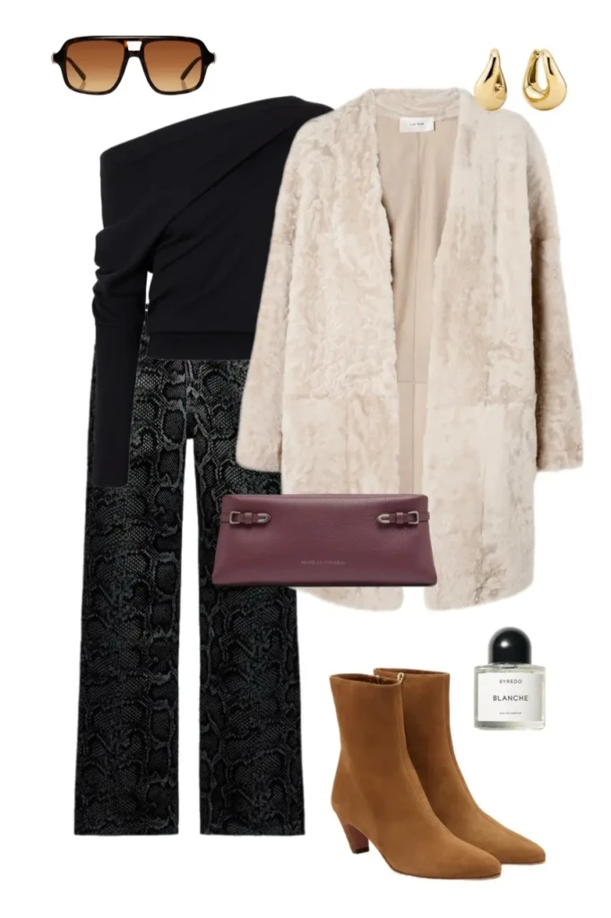 cream shaggy long fur coat black one shoulder ruched top dark grey black snake print wide leg trousers cognac suede ankle boots burgundy buckle leather clutch bag gold teardrop earrings aviator sunglasses fur coat outfit aesthetic 17