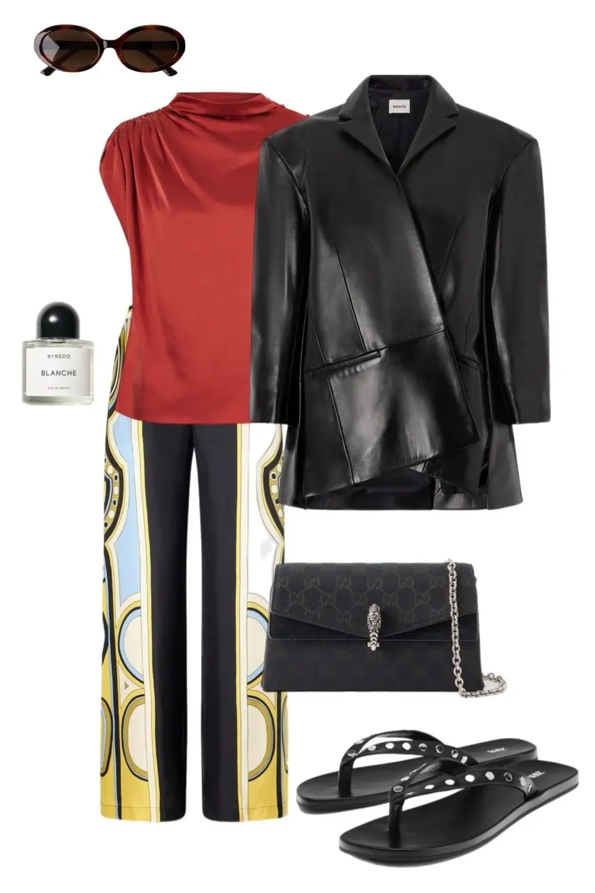 black asymmetric leather blazer jacket red gathered silk top graphic print wide leg pants black Gucci chain bag studded flat sandals tortoise oval sunglasses outfit 2