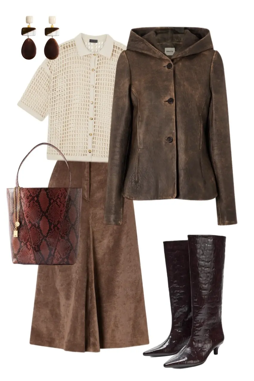 distressed brown hooded leather jacket cream crochet knit short sleeve top brown suede midi skirt deep plum croc knee-high boots snake print tote bag geometric earrings outfit 4