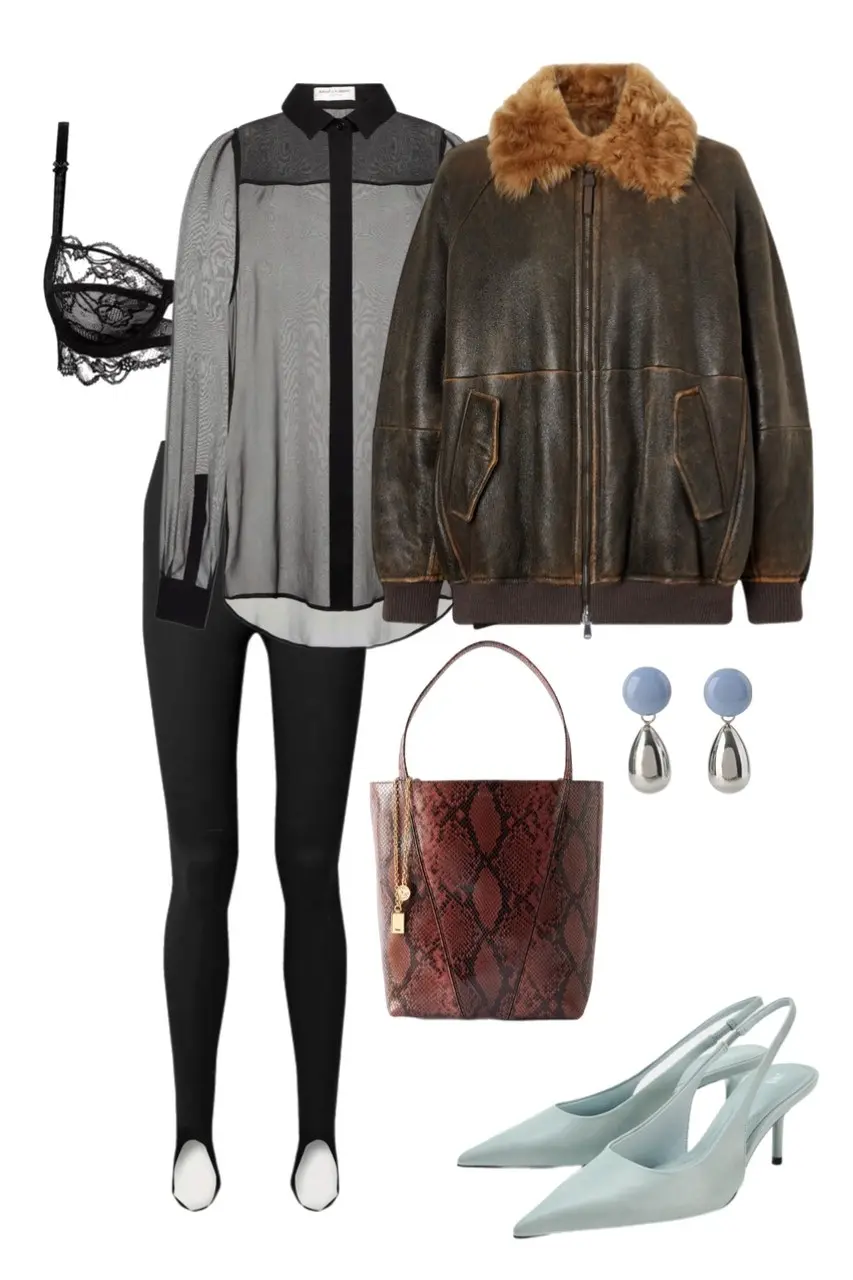 distressed brown leather aviator bomber jacket fur collar sheer grey blouse black lace bra black stirrup leggings light blue slingback heels snake print tote blue drop earrings outfit 5