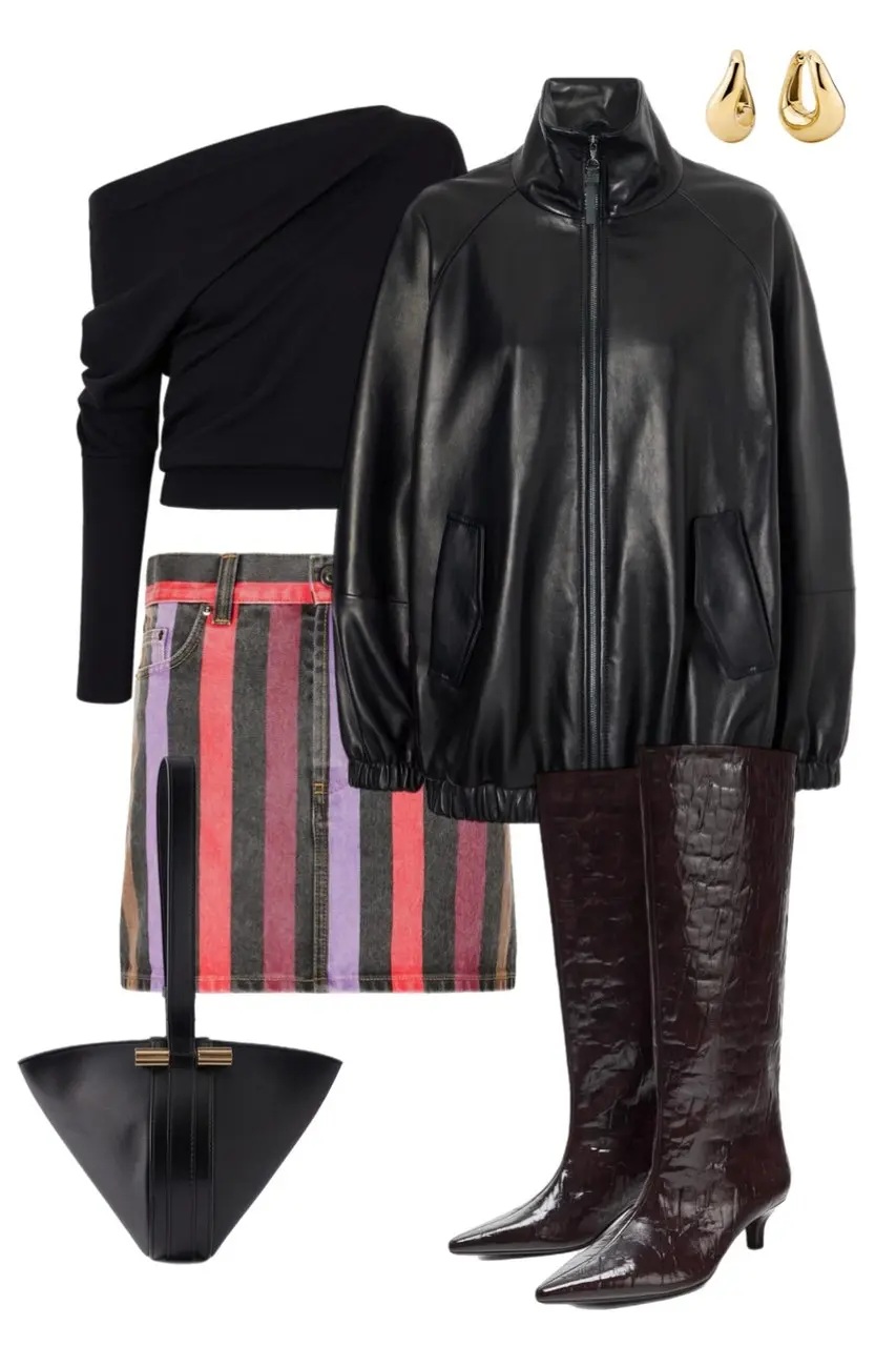 black oversized leather bomber jacket black off-shoulder asymmetric crop top multicolor striped denim mini skirt dark plum croc knee-high boots black geometric handbag gold hoop earrings outfit 7