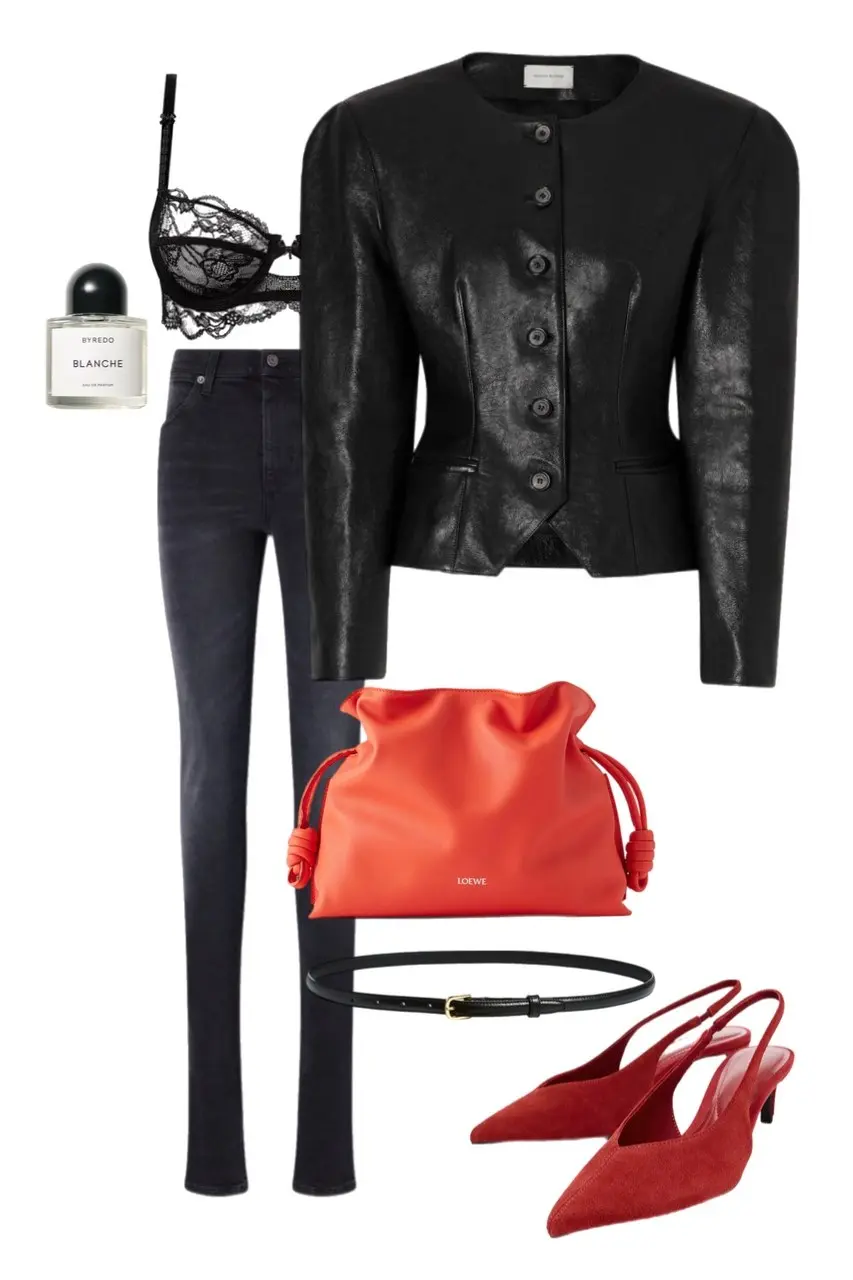 black fitted collarless leather jacket with peplum waist black lace bra dark indigo skinny jeans red suede kitten heel slingbacks red Loewe drawstring bag thin black belt Byredo perfume outfit 8