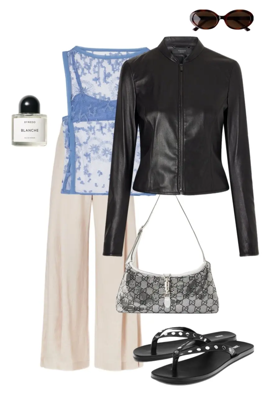 black fitted moto leather jacket periwinkle blue floral lace tank top cream wide leg trousers metallic Gucci shoulder bag studded flip sandals oval tortoise sunglasses Byredo perfume outfit 10