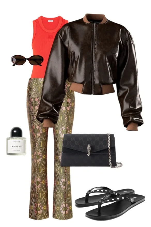 dark chocolate glossy leather bomber jacket coral orange ribbed tank top paisley print flare trousers black Gucci chain bag studded flip sandals oval tortoise sunglasses Byredo perfume outfit 11