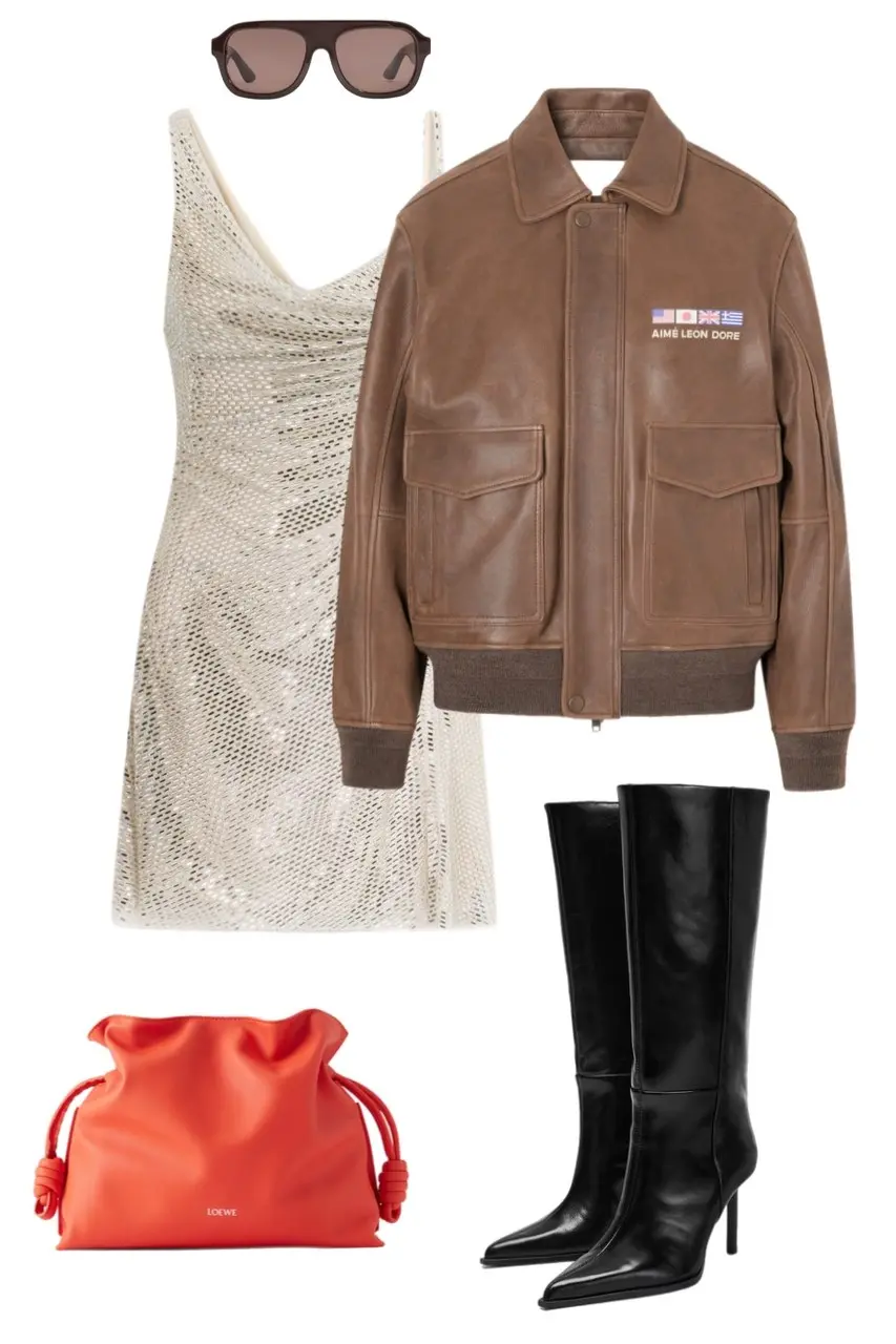 tan brown ALD leather bomber jacket cream crochet mini dress visible slip underneath black knee-high stiletto boots red Loewe drawstring bag brown aviator sunglasses outfit 13