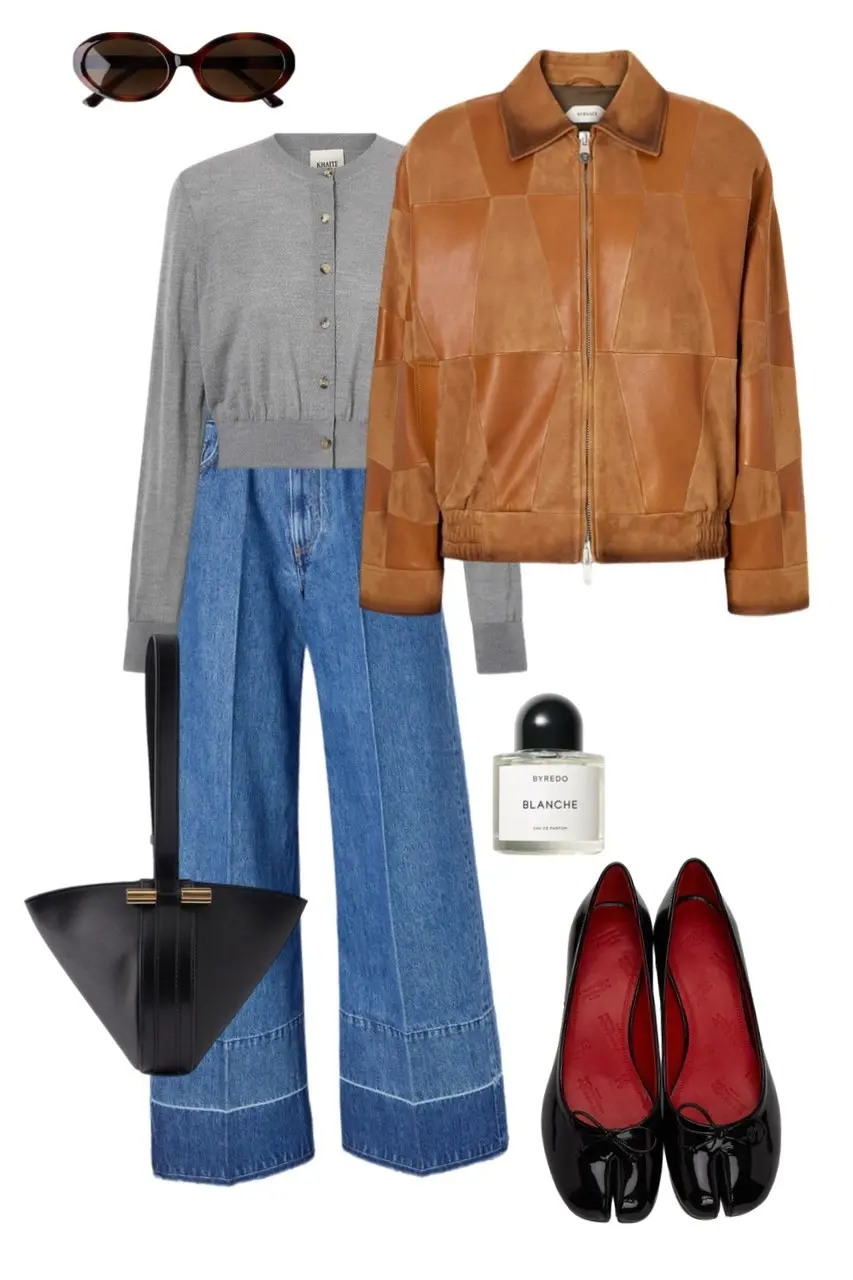 tan patchwork suede leather bomber jacket grey fitted cardigan wide leg medium wash jeans black geometric handbag black patent ballet flats red interior oval tortoise sunglasses Byredo perfume outfit 14