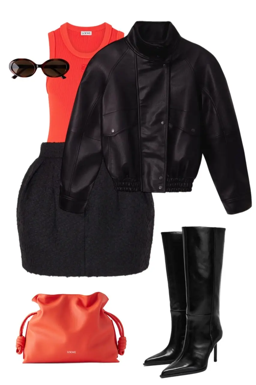 black leather bomber jacket coral red ribbed tank top charcoal bouclé mini skirt tall black stiletto knee-high boots red Loewe drawstring bag oval tortoise sunglasses outfit 16