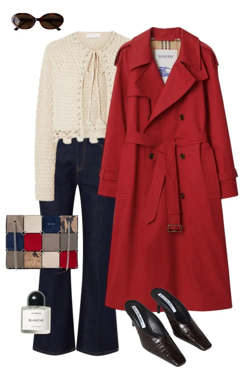 red Burberry trench coat cream crochet knit top dark navy flare jeans brown croc mule heels patchwork crossbody bag oval tortoise sunglasses Byredo Blanche perfume outfit 1