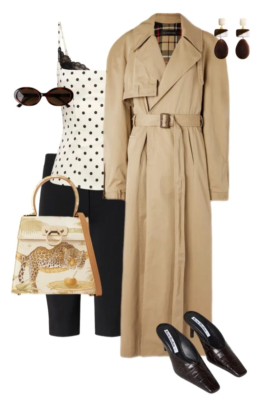 camel Balenciaga trench coat white black polka dot lace cami black cigarette trousers brown croc mule heels printed leopard top handle bag tortoise drop earrings oval sunglasses outfit 2