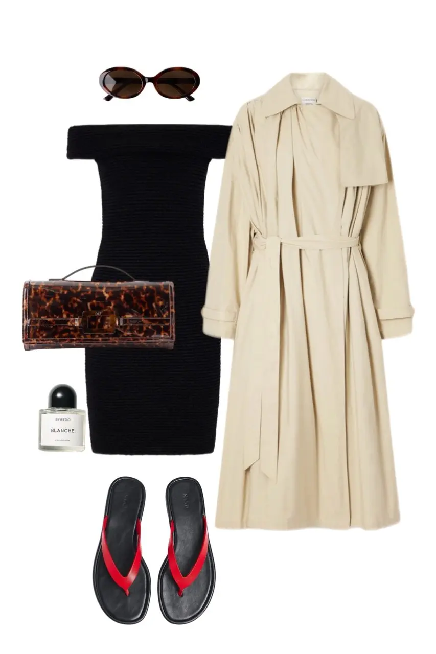 cream draped open trench coat black off-shoulder ribbed knit mini dress tortoiseshell patent clutch bag black red flip sandals oval tortoise sunglasses Byredo Blanche perfume outfit 5