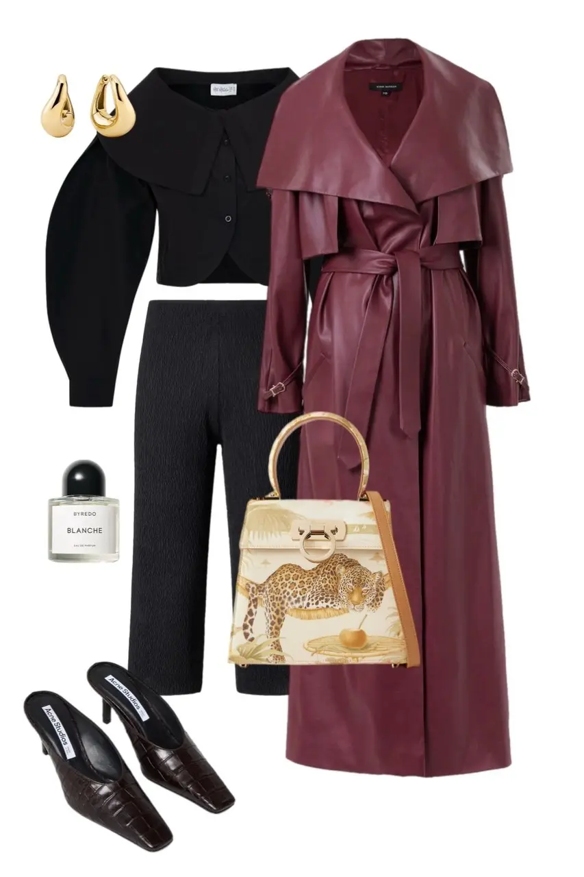 burgundy leather oversized lapel belted trench coat black cropped large collar cardigan black wide leg textured trousers dark brown croc mule heels printed leopard top handle bag gold teardrop earrings Byredo perfume outfit 7
