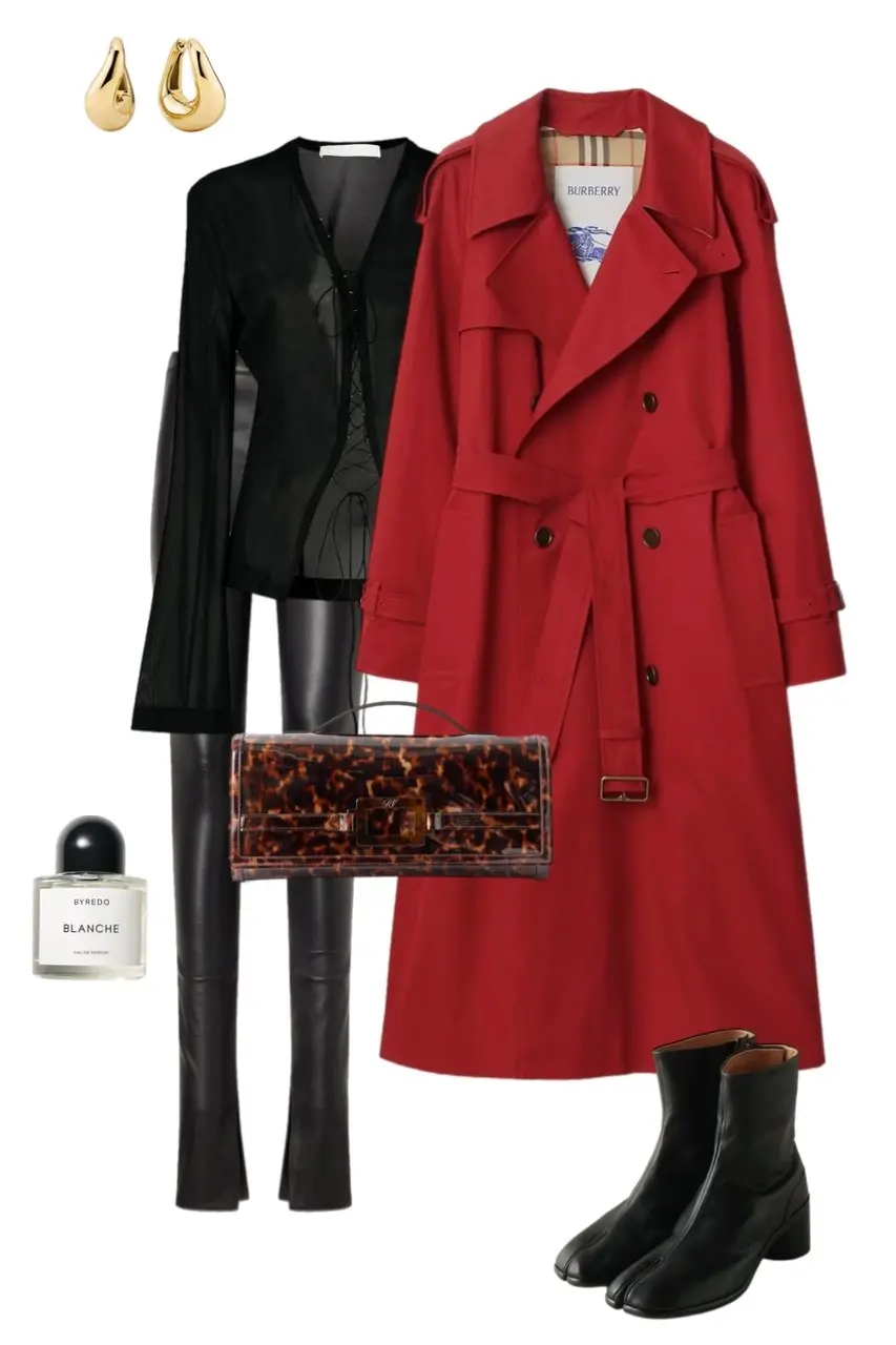 red Burberry trench coat black sheer lace-up top black leather flare pants tortoiseshell patent clutch bag Maison Margiela Tabi boots gold teardrop earrings Byredo Blanche perfume outfit 8