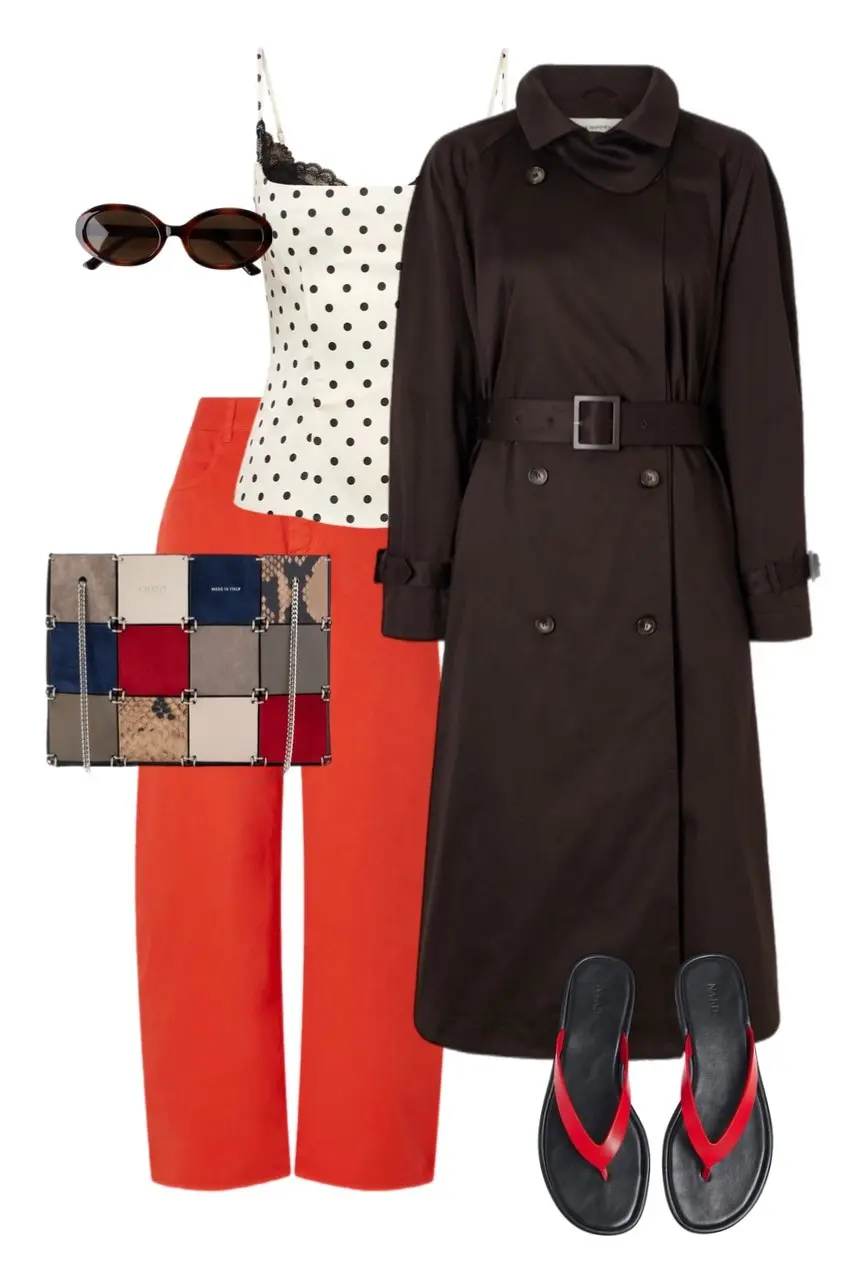 dark chocolate brown belted trench coat white black polka dot lace cami rust orange wide leg trousers patchwork mixed material chain crossbody bag black red flip sandals oval sunglasses outfit 10