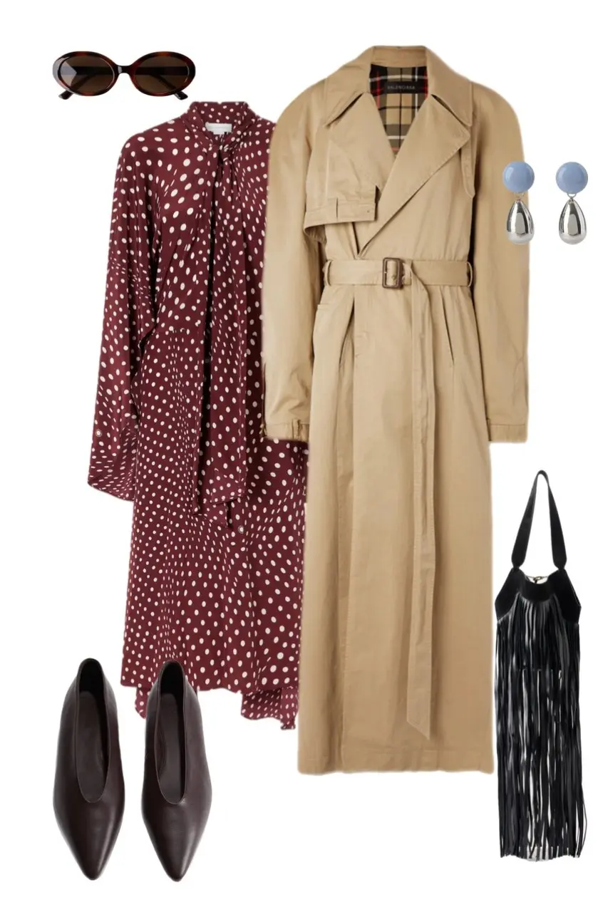 camel Balenciaga trench coat open burgundy white polka dot maxi dress dark brown pointed toe flats black fringe tote bag blue silver drop earrings oval tortoise sunglasses outfit 11