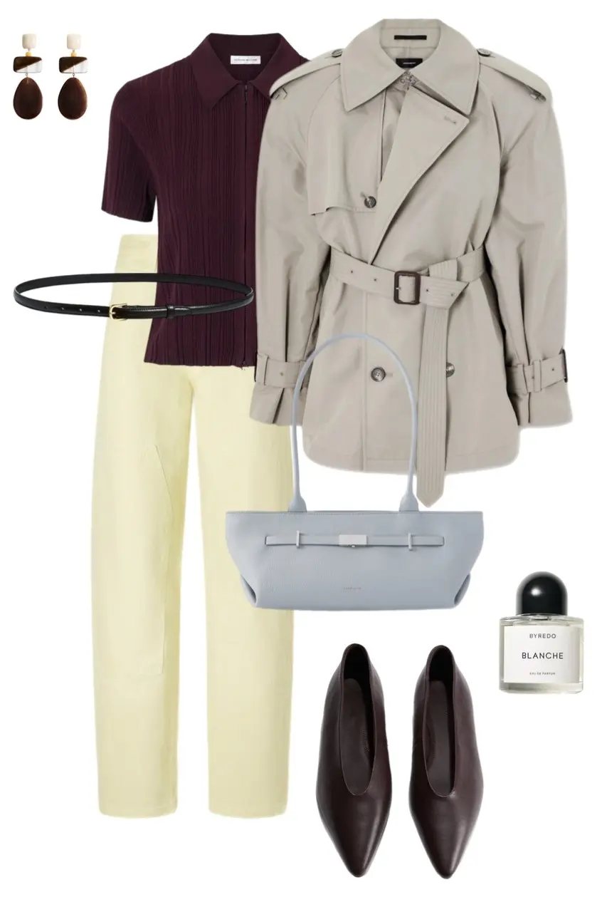 stone grey short belted trench coat burgundy ribbed zip polo butter yellow wide leg trousers pale blue structured tote bag dark chocolate pointed toe flats black skinny belt tortoise drop earrings outfit 13