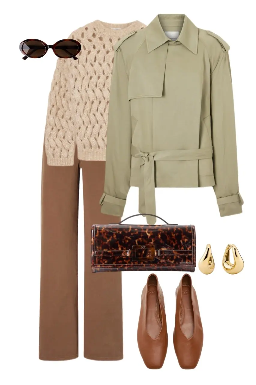 sage green cropped belted trench coat cream cable knit sweater wide leg brown trousers tortoiseshell patent clutch bag tan ballet flats gold teardrop earrings oval tortoise sunglasses outfit 14