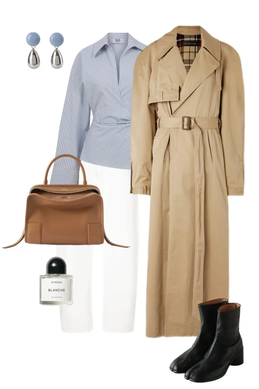 camel Balenciaga trench coat blue white striped wrap shirt white wide leg trousers cognac structured leather bag black Maison Margiela Tabi ankle boots blue silver drop earrings Byredo Blanche perfume outfit 16