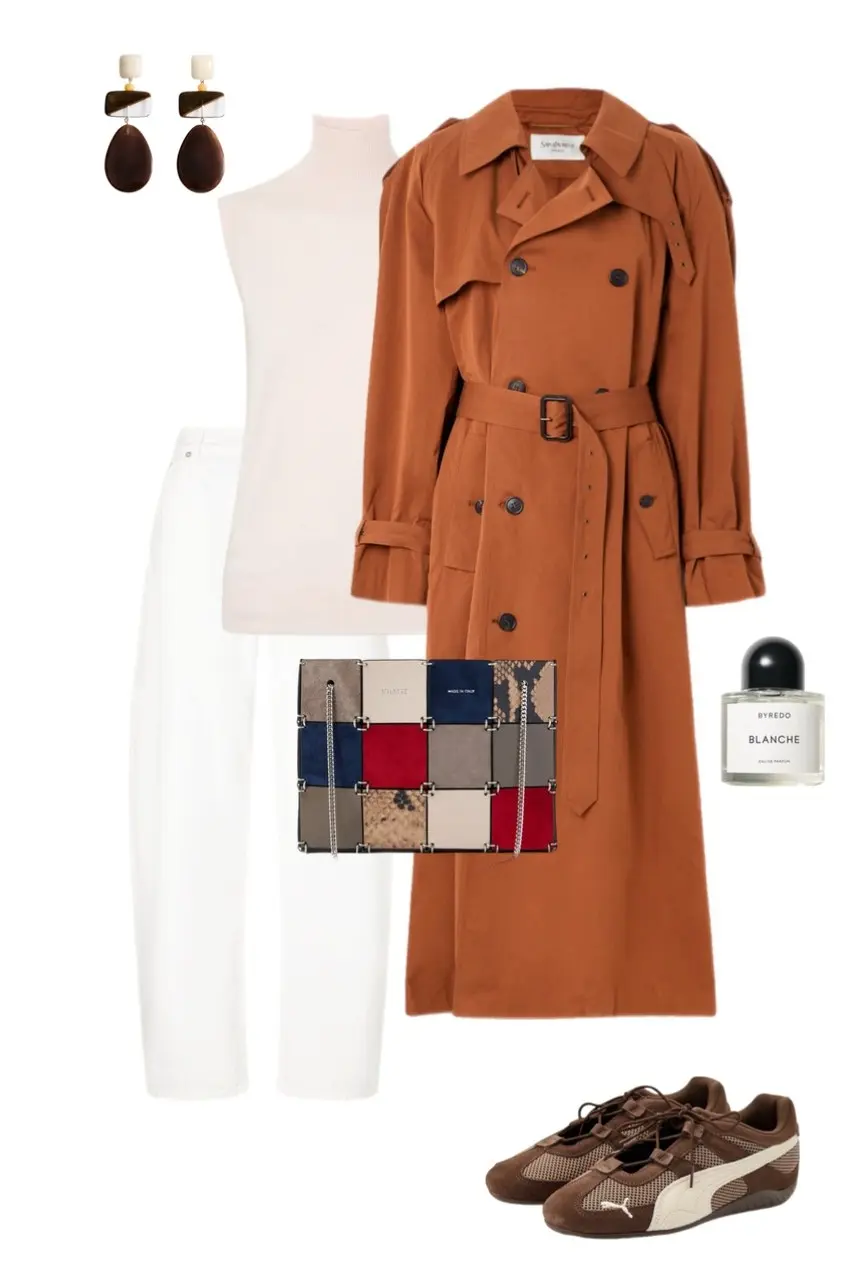 cognac rust brown Saint Laurent trench coat blush sleeveless ribbed turtleneck knit white straight leg jeans patchwork mixed material crossbody bag chocolate brown Puma retro sneakers tortoise drop earrings Byredo perfume outfit 17