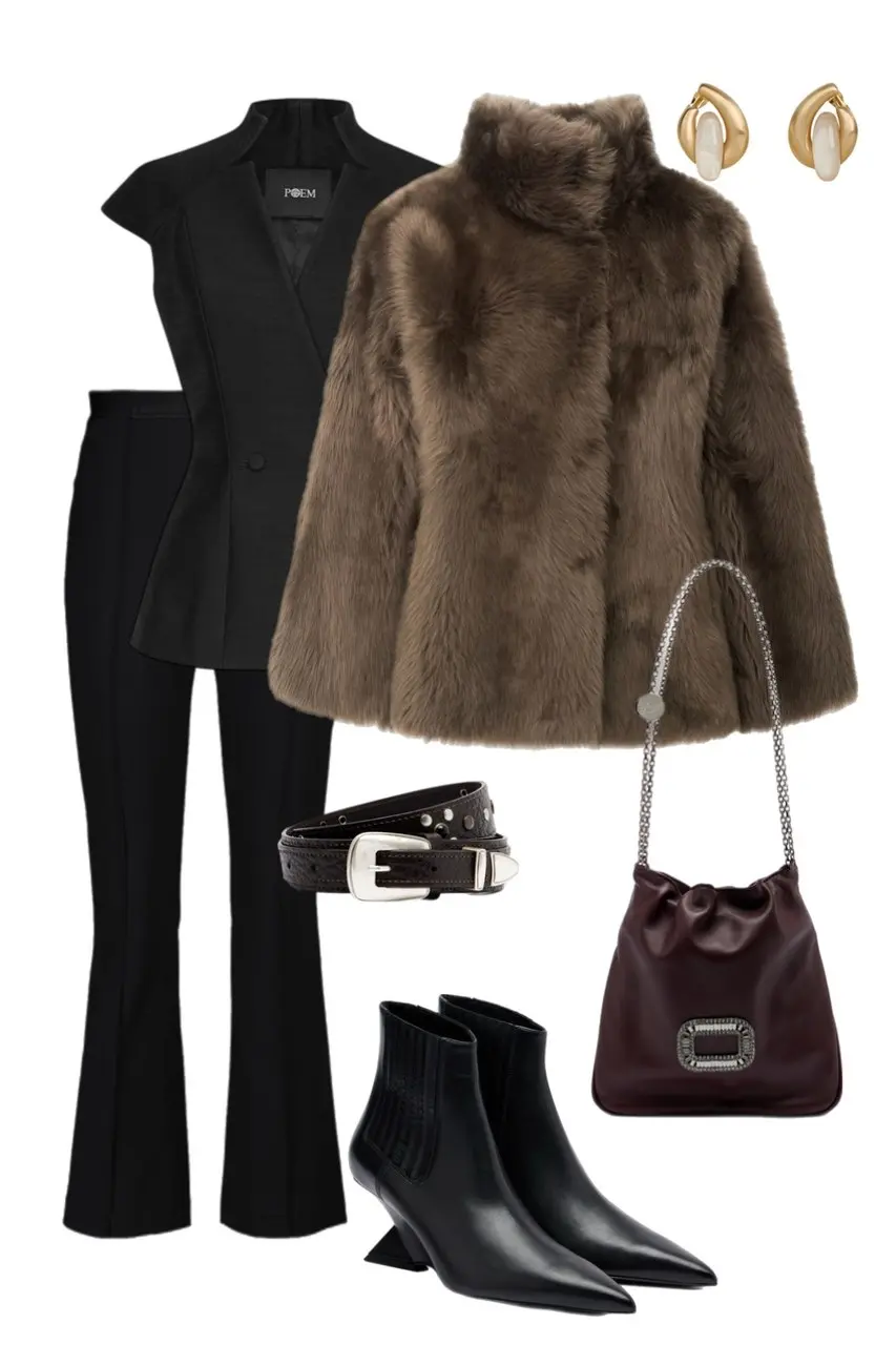 black sleeveless blazer black flare trousers taupe faux fur cropped jacket oxblood drawstring bag black heeled ankle boots western belt gold pearl earrings outfit 1