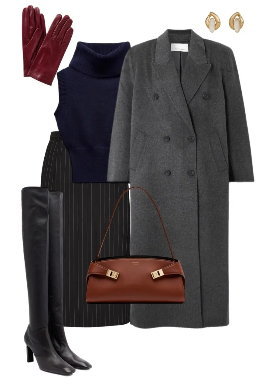 navy sleeveless turtleneck knit dark pinstripe pencil skirt gray oversized double breasted wool coat cognac boxy shoulder bag black over the knee boots burgundy leather gloves gold pearl earrings outfit 2