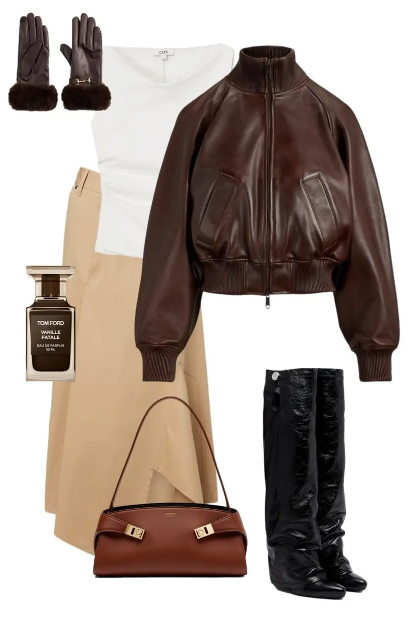 brown leather cropped bomber jacket white fitted top camel midi skirt black crinkle tall boots cognac structured bag dark chocolate fur trim gloves Tom Ford Vanille Fatale perfume outfit 4