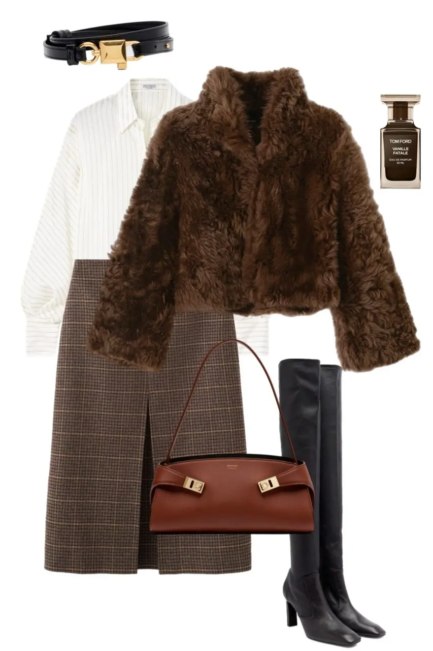 brown curly faux fur short jacket cream pinstripe shirt brown houndstooth midi skirt black over the knee boots black gold belt cognac structured bag Tom Ford perfume outfit 5