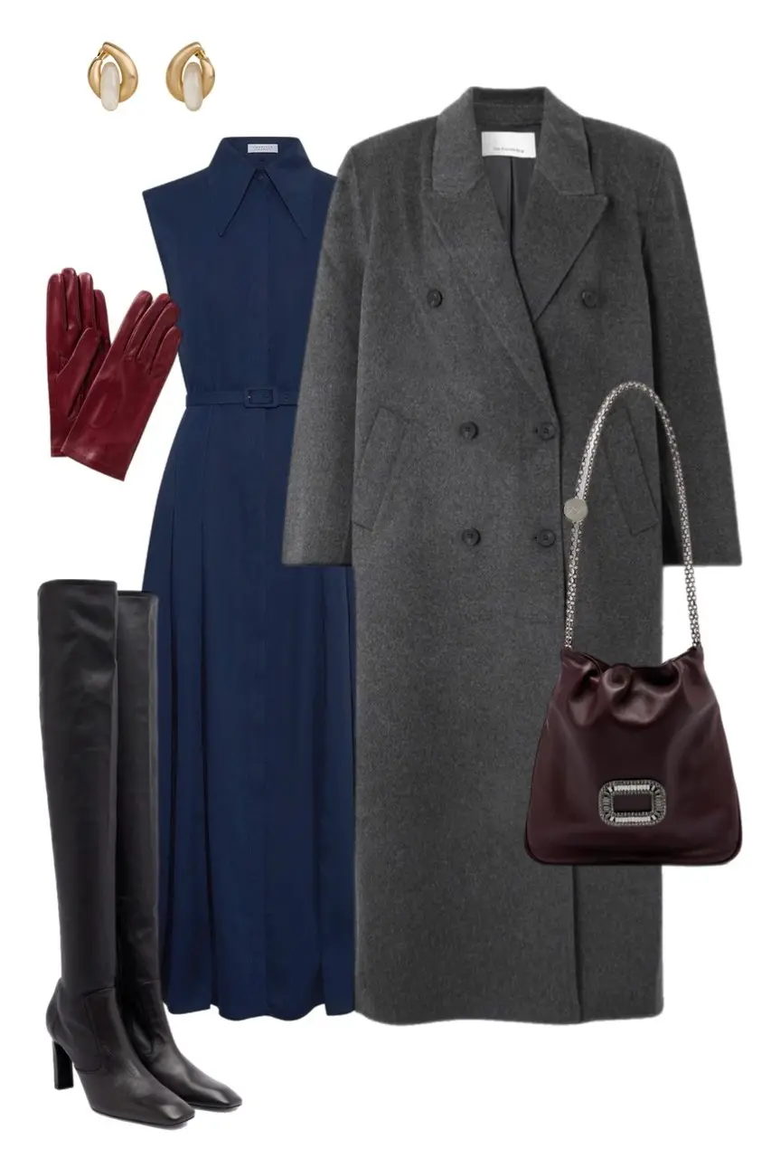 navy sleeveless collared shirt dress gray oversized double breasted wool coat black over the knee boots burgundy leather gloves oxblood drawstring jeweled bag gold pearl earrings outfit 7