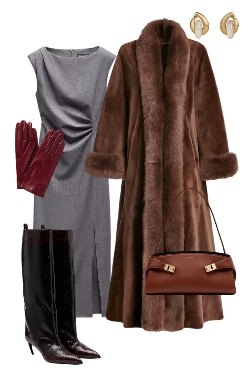 gray ruched draped sheath dress full length brown faux fur coat with lapel and fur cuffs oxblood croc tall boots cognac structured bag burgundy leather gloves gold pearl earrings outfit 8
