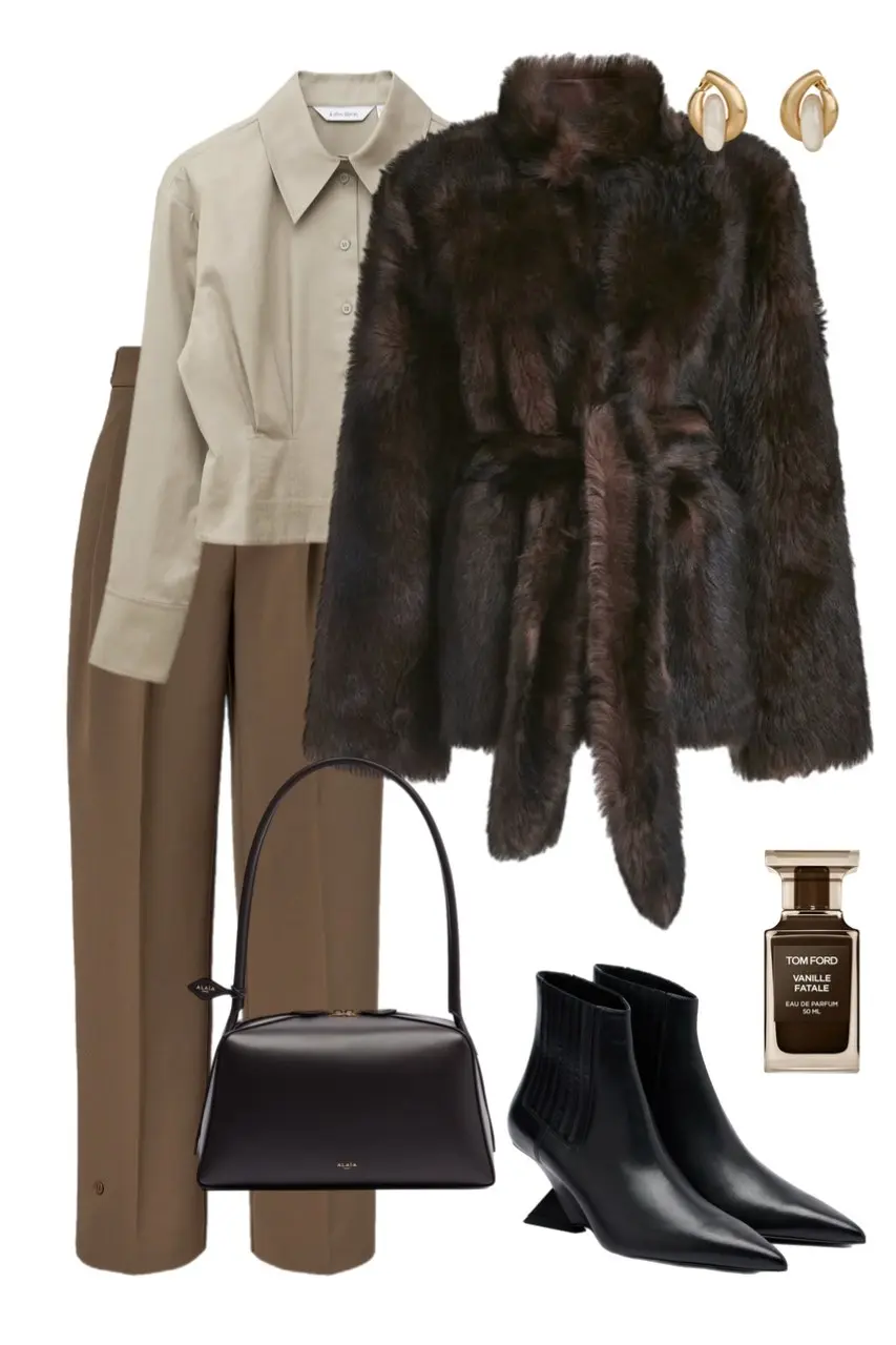 sand cropped structured shirt wide leg tobacco brown trousers dark chocolate belted faux fur jacket black structured top handle bag black pointed ankle boots geometric heel gold pearl earrings Tom Ford perfume outfit 10