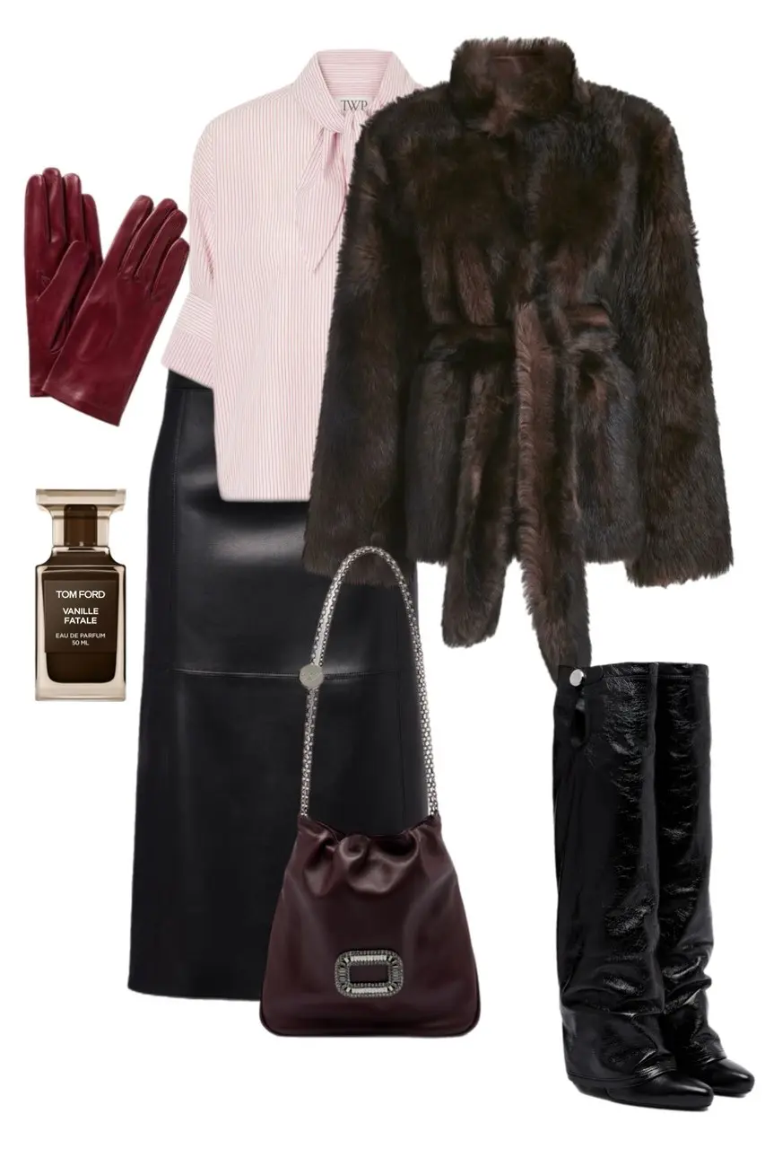 pale pink pinstripe bow neck blouse black leather midi skirt dark chocolate faux fur belted jacket black crinkle fold over tall boots oxblood drawstring jeweled bag burgundy leather gloves Tom Ford perfume outfit 11