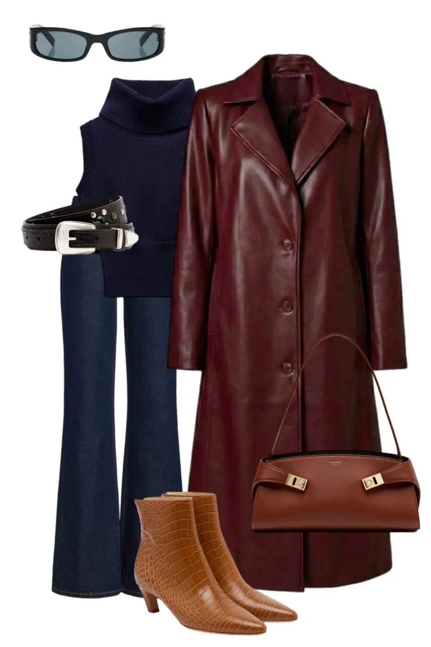 navy sleeveless turtleneck knit dark indigo flare jeans burgundy leather long coat cognac croc ankle boots cognac structured bag black western belt narrow rectangular sunglasses outfit 13