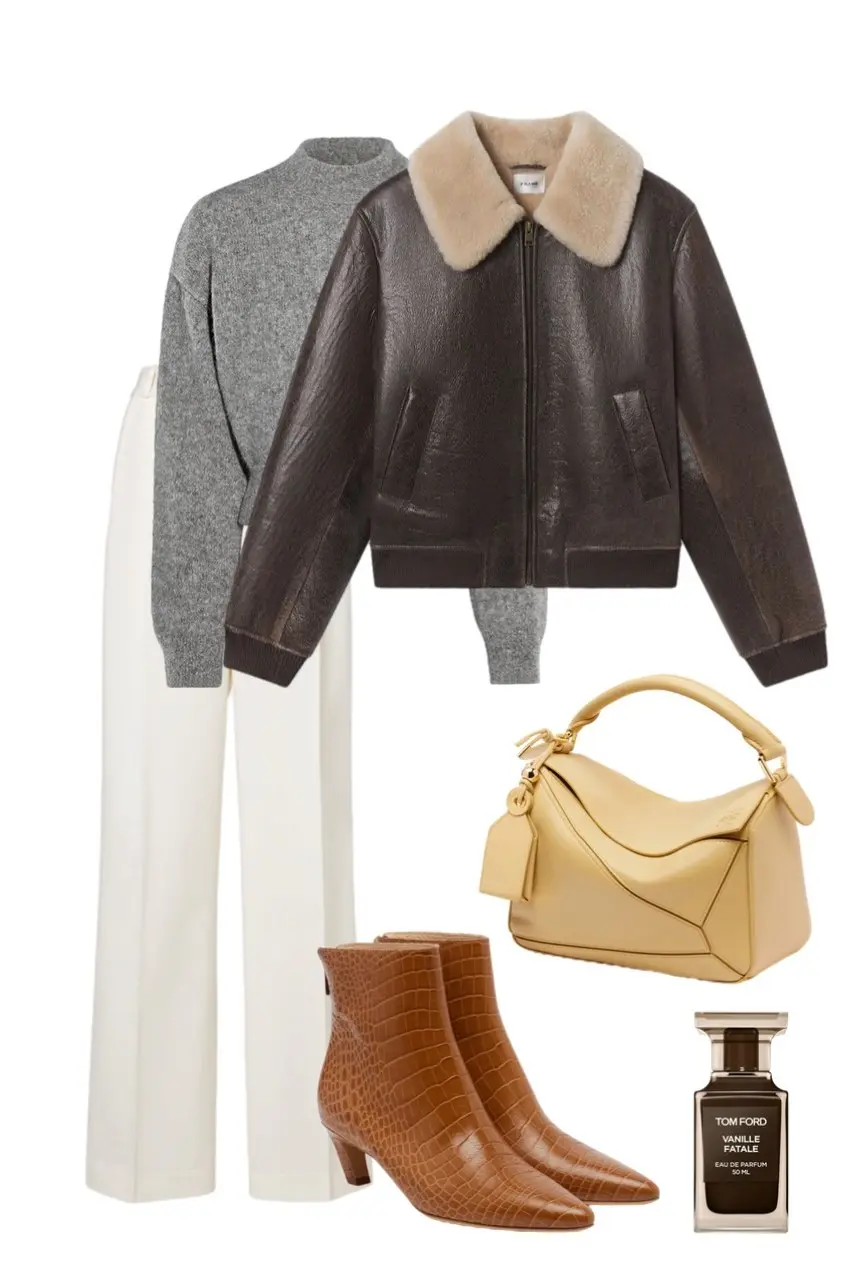 gray mock neck sweater white wide leg trousers dark chocolate shearling collar leather bomber jacket butter yellow Loewe Puzzle bag cognac croc ankle boots Tom Ford perfume outfit 14