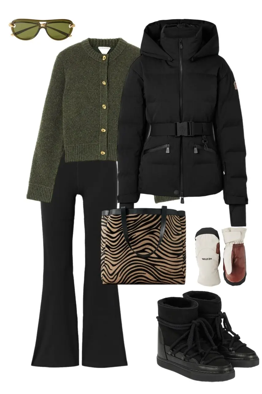 olive green cardigan black belted ski jacket black flared pants zebra print tote snow boots ski mittens olive aviator sunglasses outfit 1