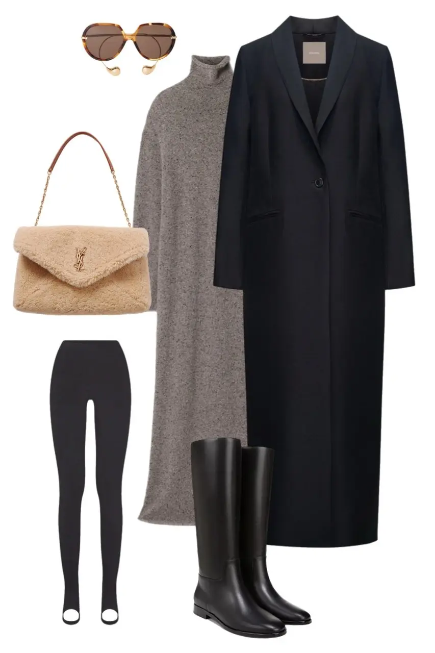 grey turtleneck knit dress navy long coat black knee high boots camel teddy YSL bag stirrup leggings tortoiseshell sunglasses gold earrings outfit 2