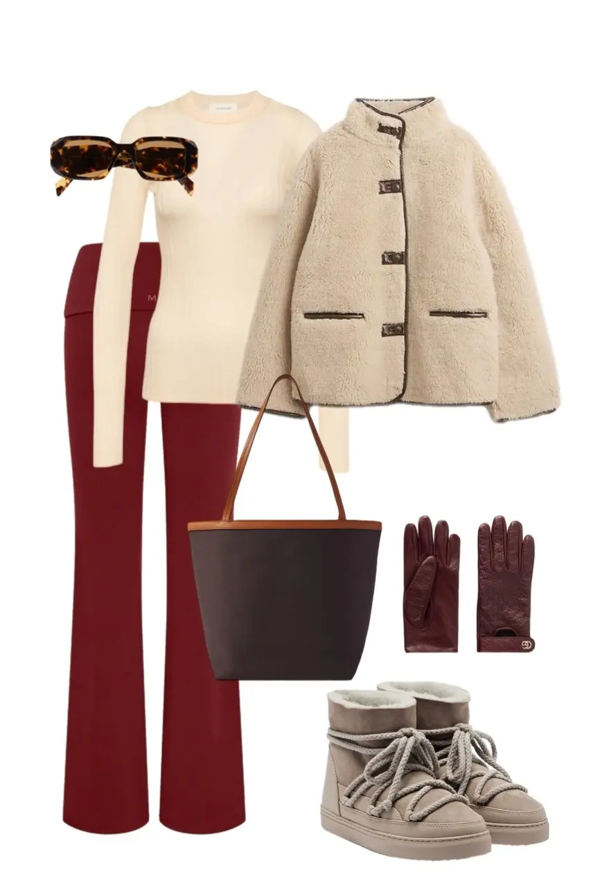 cream ribbed long sleeve top ivory shearling toggle jacket burgundy flare pants taupe snow boots dark tote bag burgundy leather gloves tortoiseshell rectangular sunglasses outfit 4