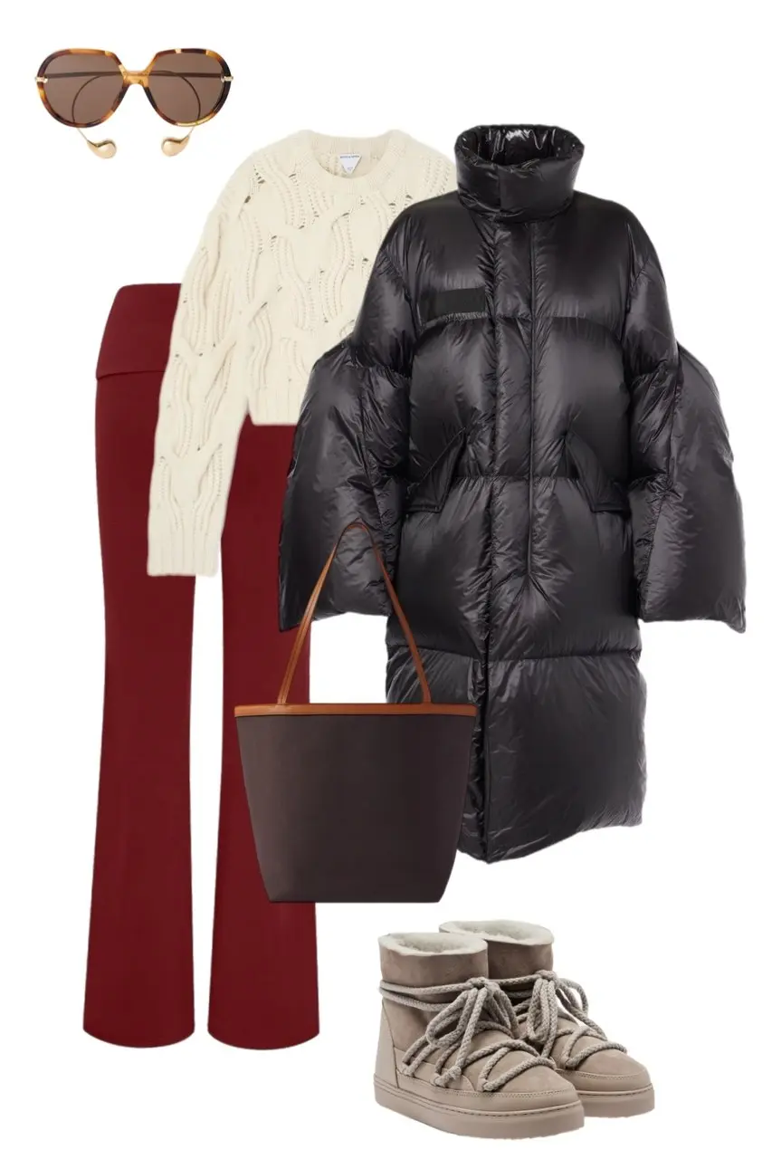 cream cable knit sweater black oversized lacquered puffer coat burgundy wide leg trousers dark tote bag taupe rope lace snow boots tortoiseshell sunglasses gold earrings outfit 5