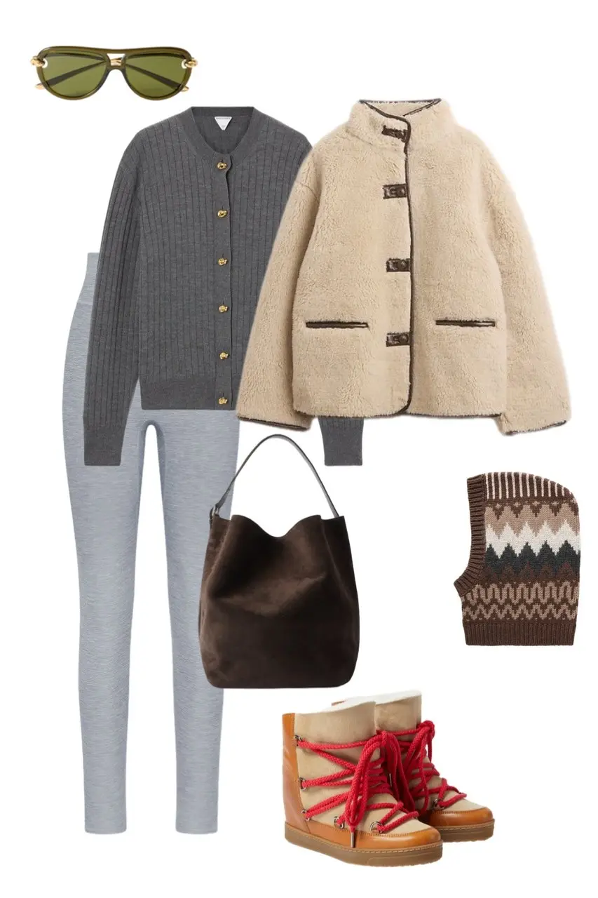 grey ribbed cardigan gold buttons ivory shearling jacket grey fitted trousers dark chocolate suede bucket bag red lace snow boots fair isle balaclava green aviator sunglasses outfit 7
