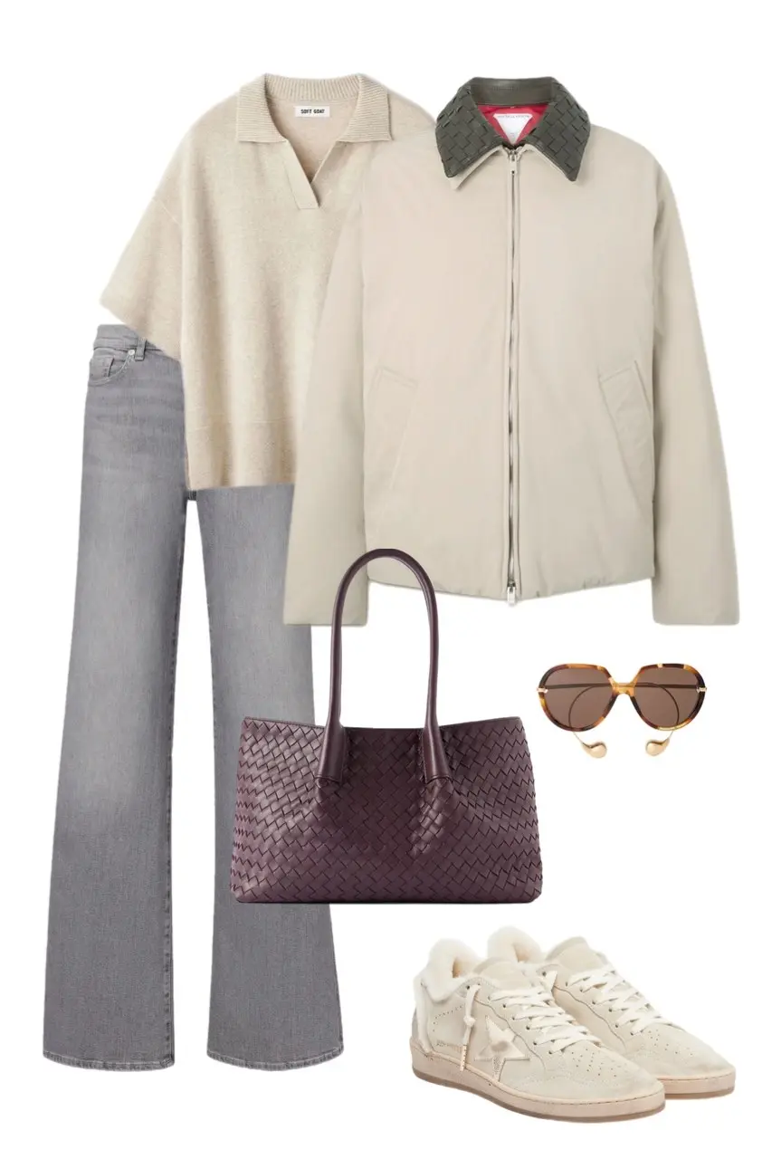 cream polo cashmere knit cream Harrington jacket grey wide leg jeans plum woven tote cream shearling star sneakers tortoiseshell round sunglasses gold earrings outfit 8