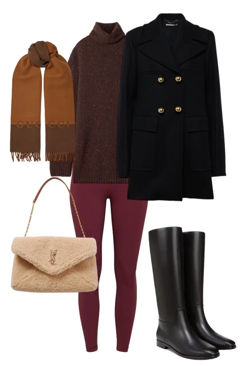 burgundy turtleneck donegal sweater black double breasted peacoat gold buttons burgundy leggings cream YSL teddy bag caramel brown Gucci scarf black knee high boots outfit 10