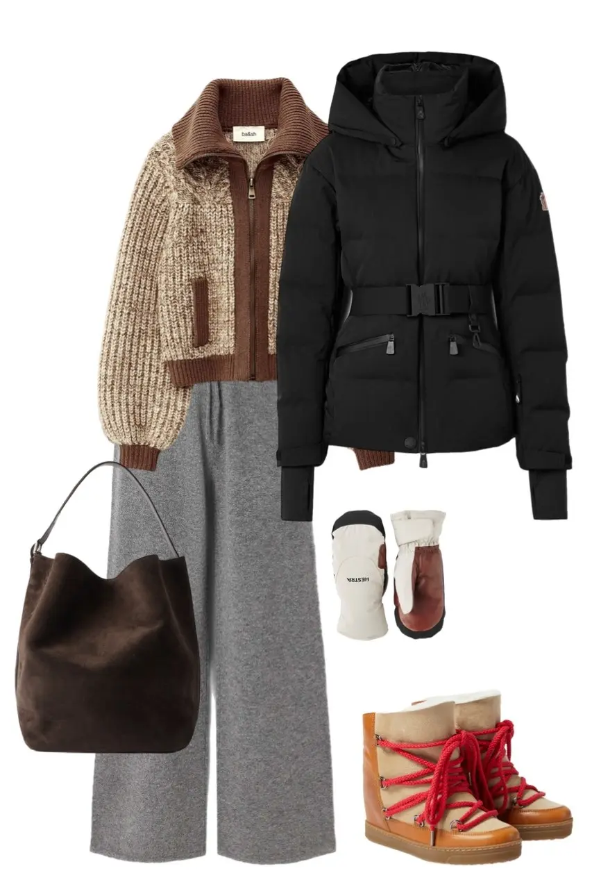 marled chunky half zip brown knit black belted ski jacket grey wide leg trousers dark suede bucket bag red lace snow boots Hestra ski mittens outfit 11