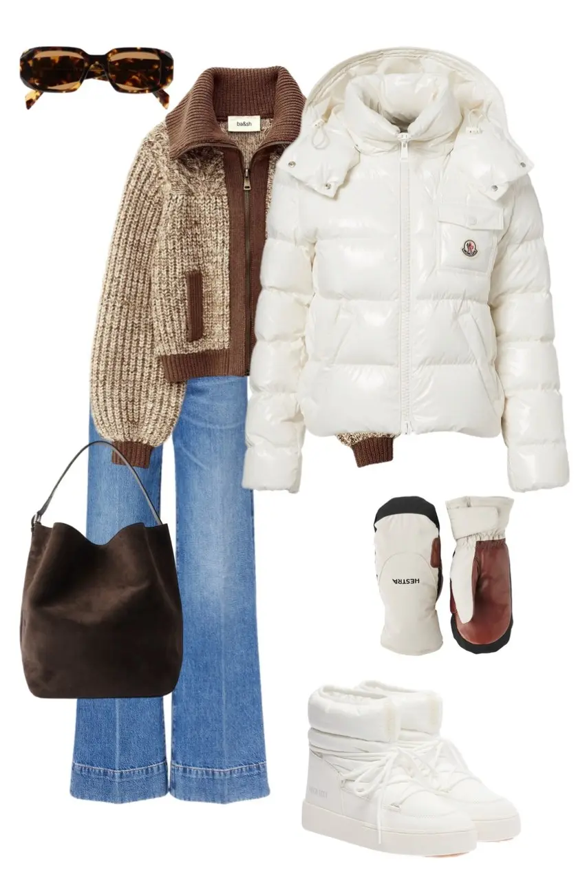 marled brown half zip knit white lacquered puffer jacket wide leg blue jeans dark chocolate suede hobo bag cream moon boot ankle boots Hestra ski mittens tortoiseshell sunglasses outfit 13