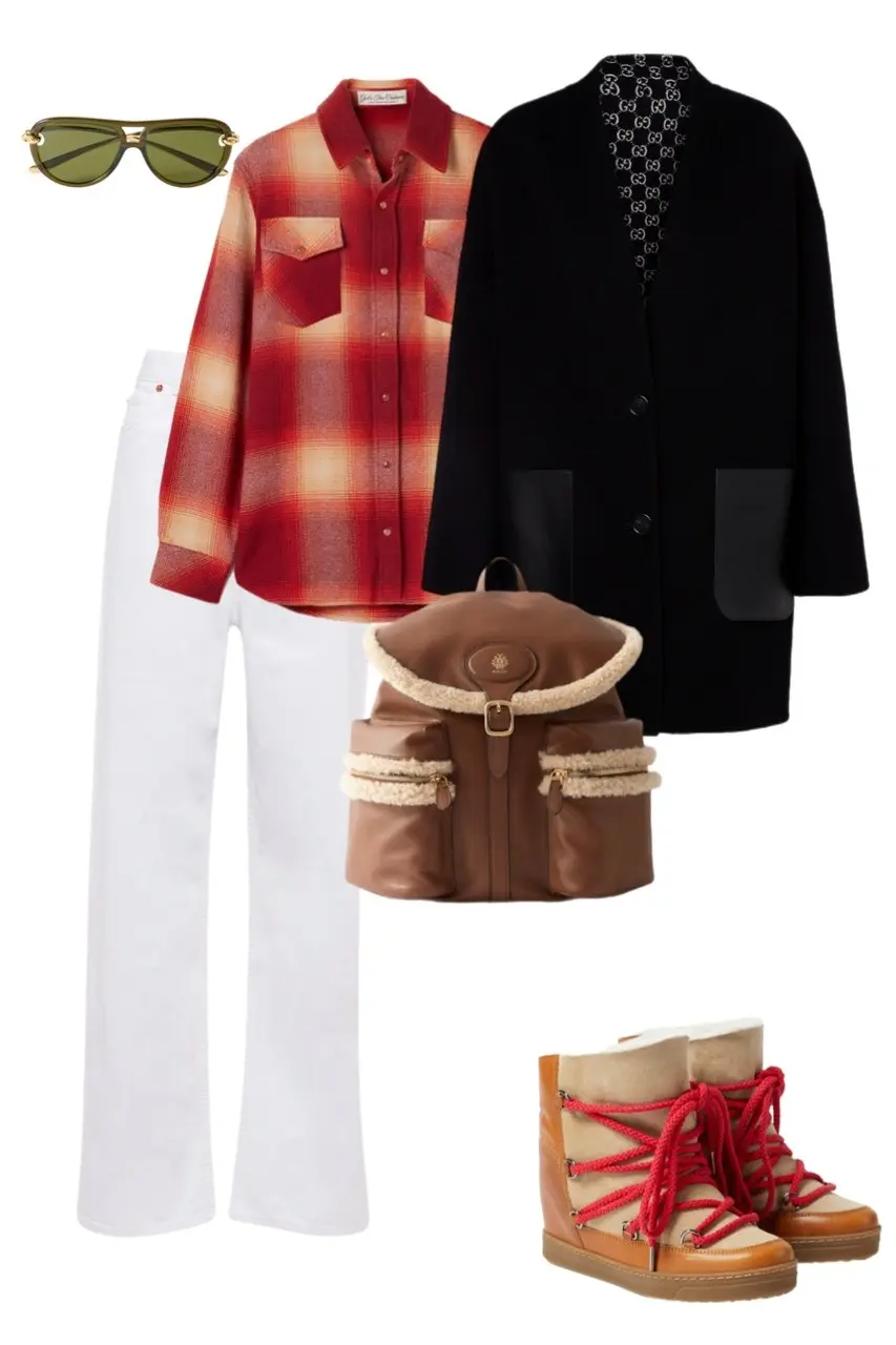 red orange plaid flannel overshirt black monogram lined wool coat white wide leg jeans shearling leather backpack red rope snow boots green aviator sunglasses outfit 14