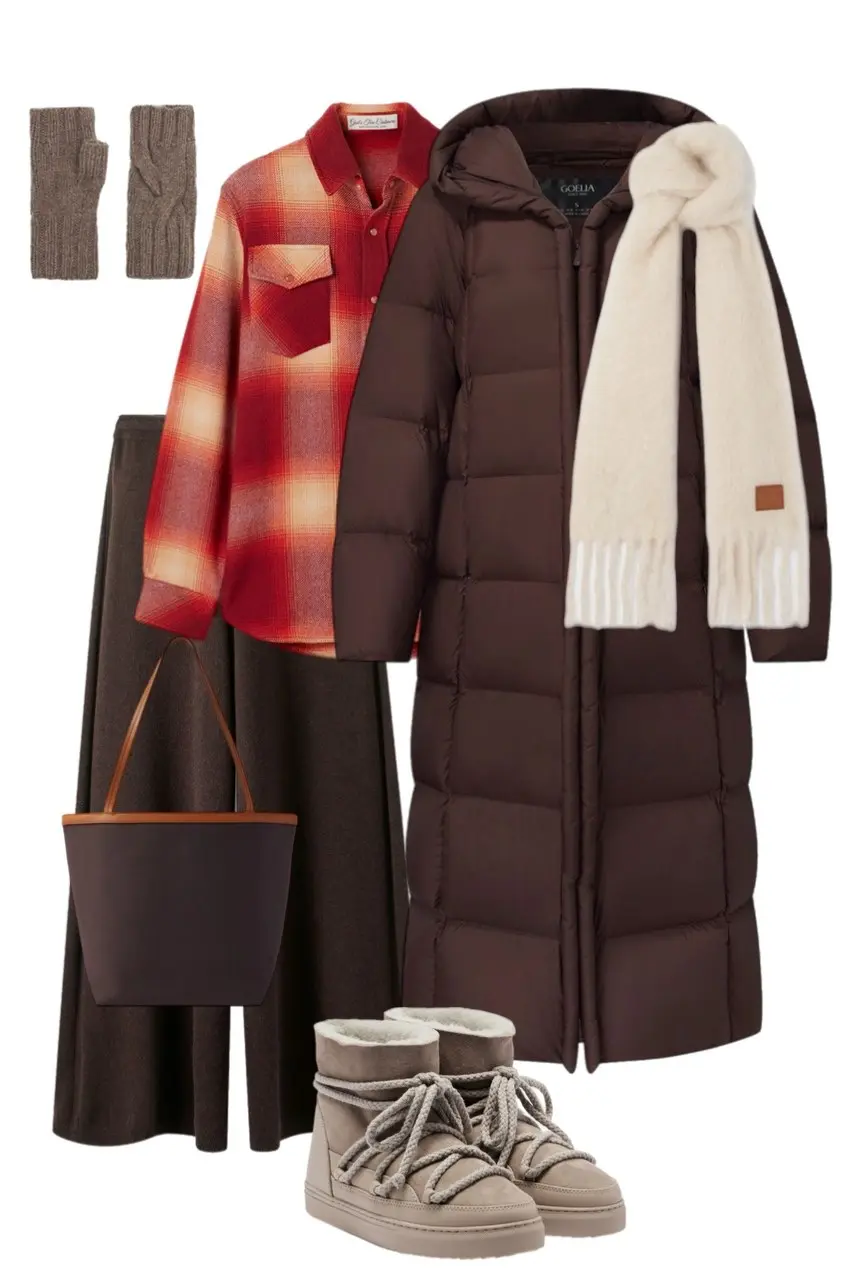 red orange plaid overshirt chocolate brown long hooded puffer coat dark brown wide leg maxi skirt ivory knit scarf plum tote taupe snow boots grey fingerless gloves outfit 16