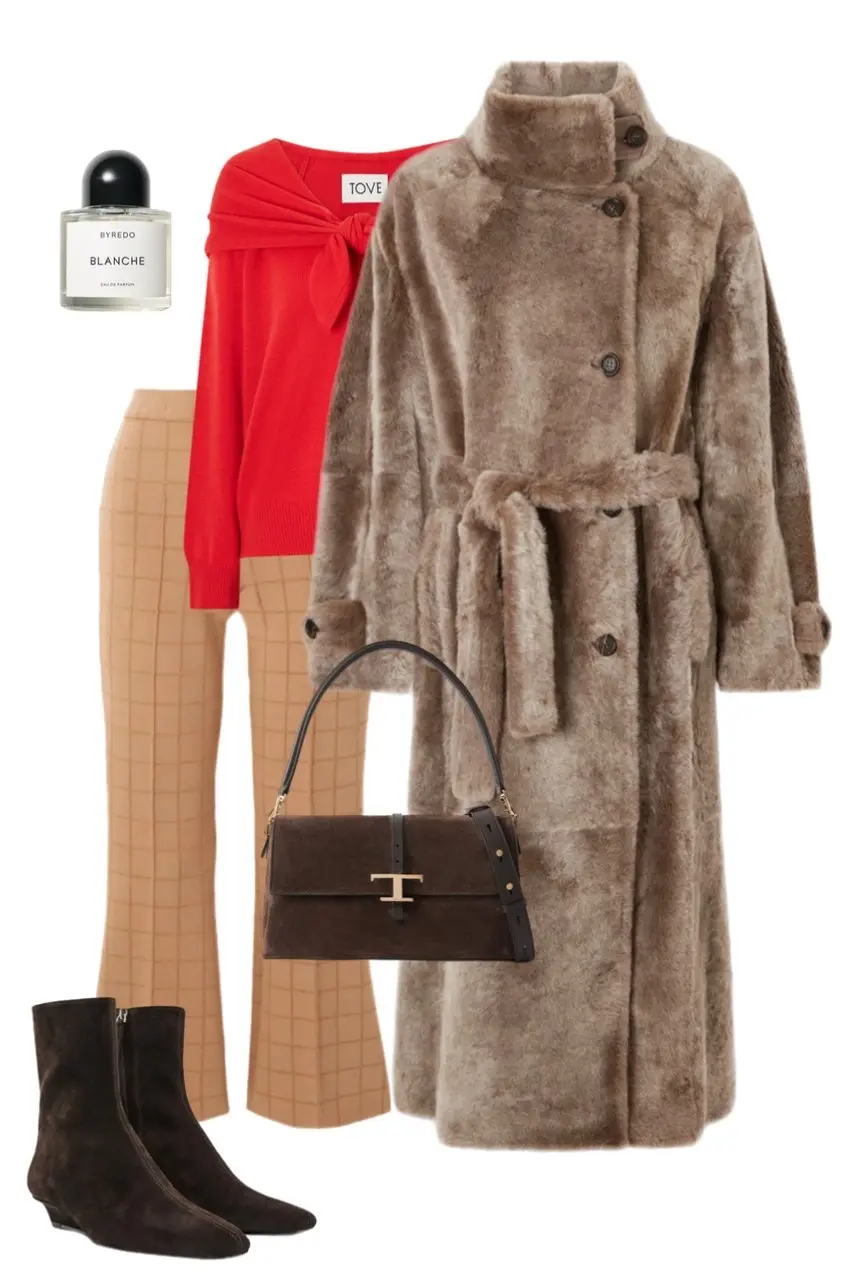 red knot-front knit top camel windowpane check flared trousers stone faux fur belted coat dark brown suede ankle boots brown suede structured shoulder bag Byredo Blanche perfume outfit 1