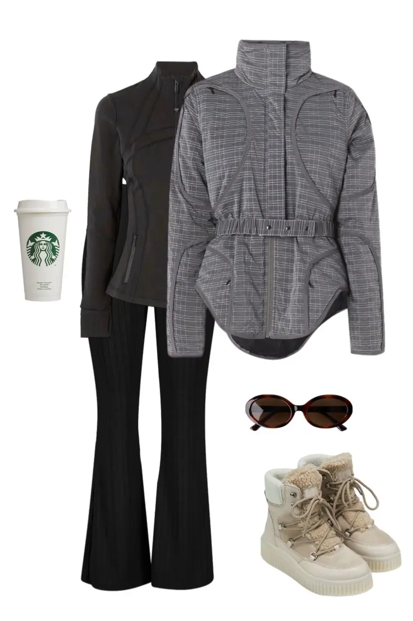 grey windowpane belted quilted puffer jacket black zip-up athletic jacket black ribbed flare leggings cream shearling hiking boots tortoiseshell oval sunglasses Starbucks coffee cup outfit 2