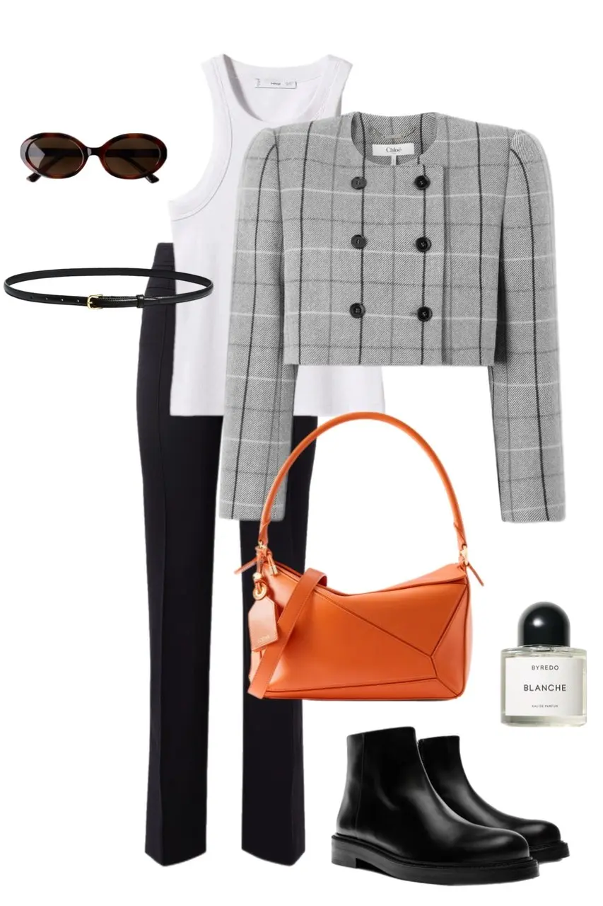 grey windowpane cropped double-breasted blazer white muscle tank top straight black trousers black chunky leather ankle boots orange structured shoulder bag slim black belt tortoiseshell oval sunglasses Byredo Blanche perfume outfit 4