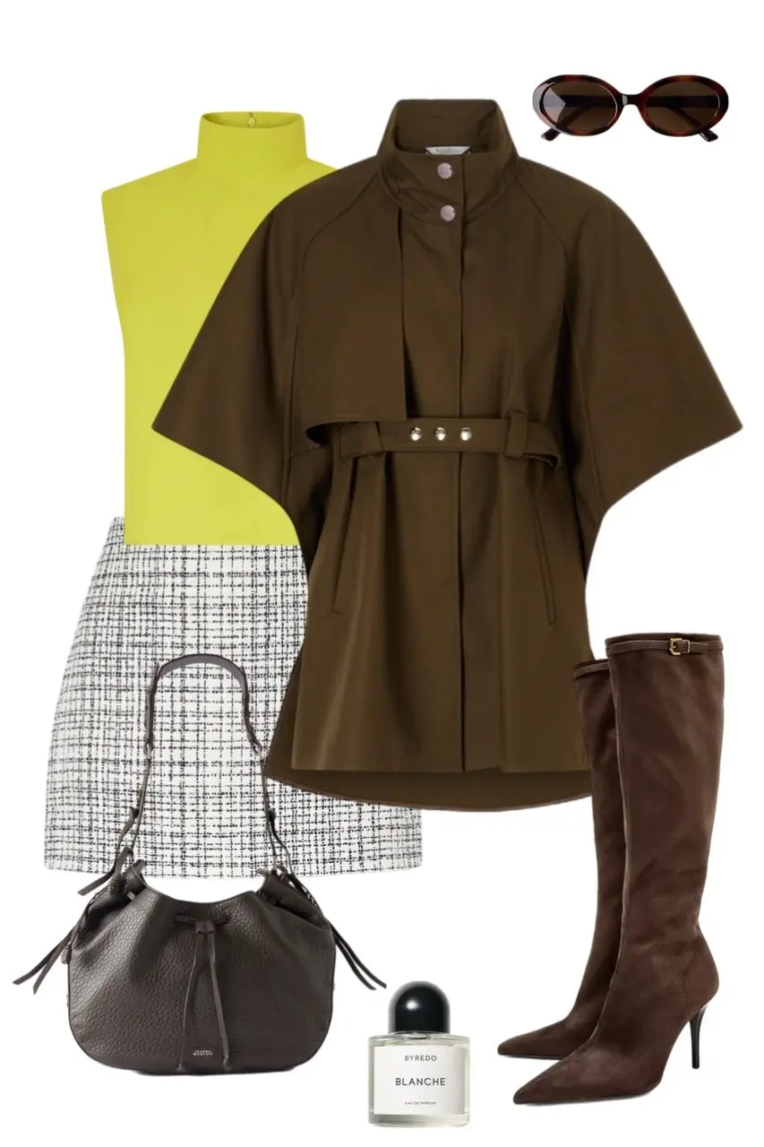 lime yellow sleeveless turtleneck top black white tweed mini skirt dark olive belted cape coat dark brown suede knee-high stiletto boots dark brown leather slouchy bag tortoiseshell oval sunglasses Byredo Blanche perfume outfit 5