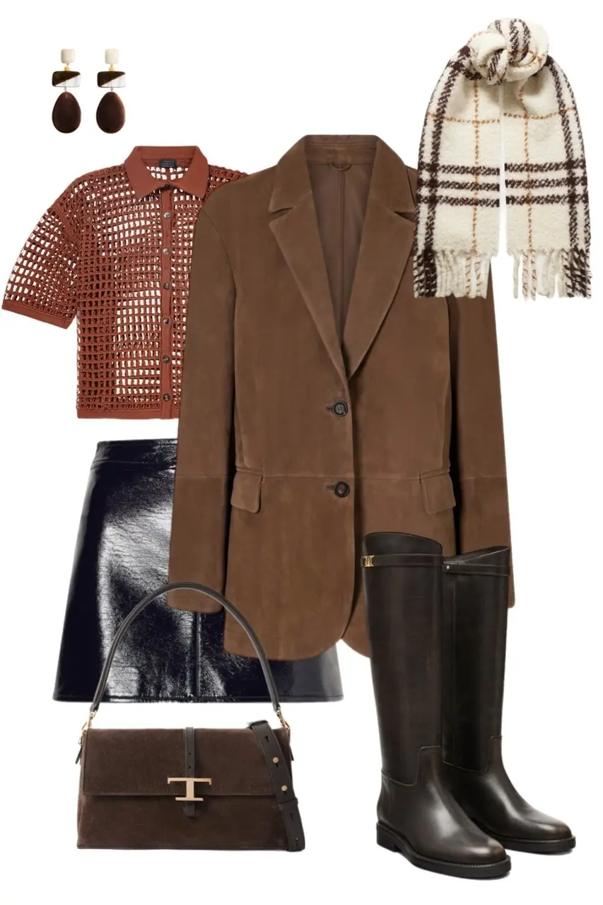 brown suede single-button blazer rust crochet polo shirt black patent vinyl mini skirt black tall leather riding boots cream brown windowpane plaid scarf brown suede structured shoulder bag geometric resin drop earrings outfit 7